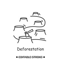Deforestation icon. Rain forest tree cutting with stubs and lumber axe linear pictogram. Concept of ozone layer degradation, rain forest conservation. Editable stroke vector illustration