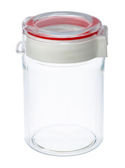 Empty plastic storage jar isolated on white