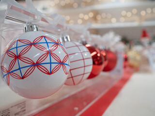 Christmas balls hanging in a row. Decor for new year and Christmas