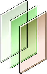 Building material: Three sheets of tinted glass. Tan, light green, light gray.