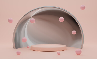 podium with geometric shapes empty in pink composition for modern stage display and minimalist mockup ,abstract showcase background ,Concept 3d illustration or 3d render