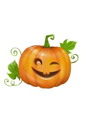 A cute Halloween pumpkin shows smiling face with green leaves. Digital hand draw and paint pictures, isolate image.