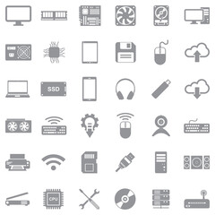 Computer Hardware Icons. Gray Flat Design. Vector Illustration.