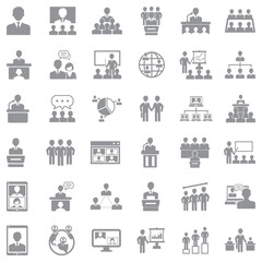 Conference, Business And Management Icons. Gray Flat Design. Vector Illustration.