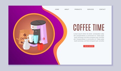 Coffee time vector illustration. Cartoon flat web banner design with cup of hot fresh drink beverage, coffeemaker for morning breakfast or lunch, business office coffee latte break landing page