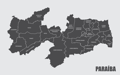 The Paraiba State map divided in regions with labels, Brazil