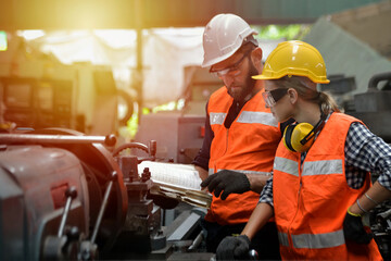 The young and the young engineers Two people consult and design equipment for repairing machines at...