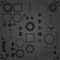 Vintage set of vector horizontal, square and round elements. Black elements for backgrounds, frames and monograms. Classic patterns. Set of black patterns