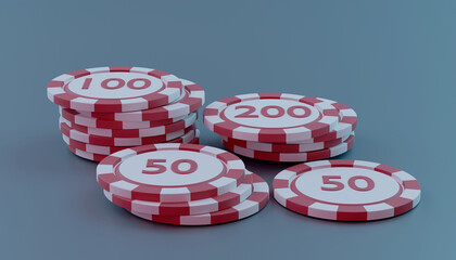 Collection realistic of isometric red & white casino chips & copy space , stack of poker chips on blue background, Concept Vegas Online Casino Banner, Gambling Games Conceptual Graphic,3d render
