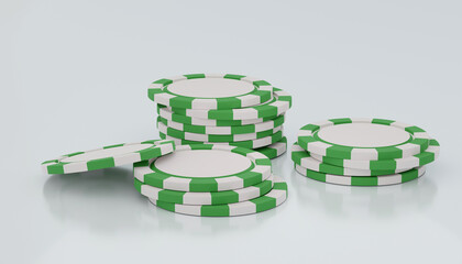 Collection realistic of isometric green & white casino chips & copy space , stack of poker chips on white background, Concept Vegas Online Casino Banner, Gambling Games Conceptual Graphic,3d render