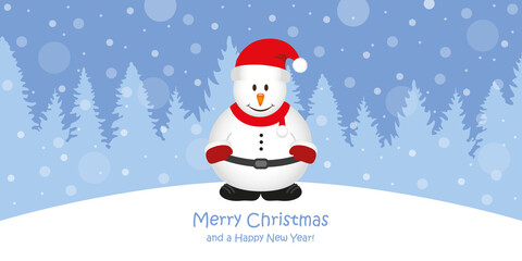 cute christmas greeting card with snowman on snowy forest landscape vector illustration EPS10