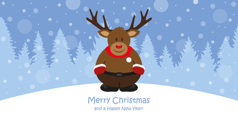 cute christmas greeting card with deer on snowy forest landscape vector illustration EPS10