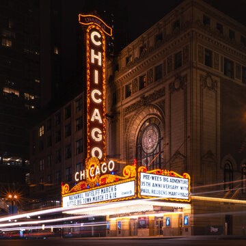 CHICAGO, UNITED KINGDOM - Feb 18, 2020: low angle long exposure at the chicago theatre