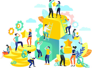 Vector illustration in a flat style. Teamwork. Conquering the peaks. Financial pyramid. Rivalry. Mountains of coins. Business idea.