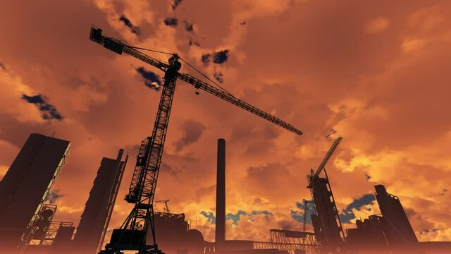 Oil refinery construction. Tower cranes stand against the backdrop of structures. 
Clouds move against a background of a static construction site. 
3d render