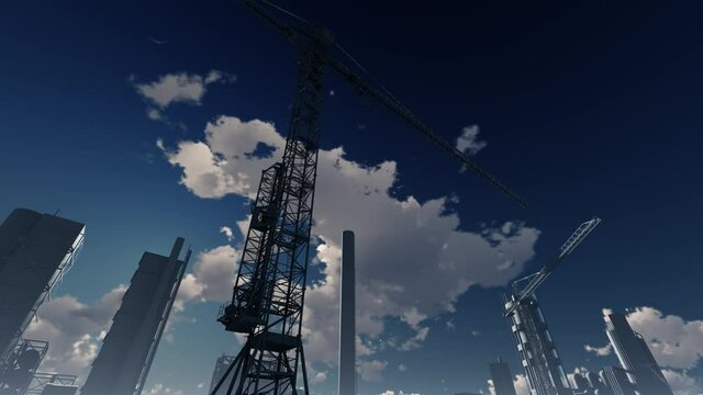 Oil refinery construction. Tower cranes stand against the backdrop of structures. 
Clouds move against a background of a static construction site. 3d render