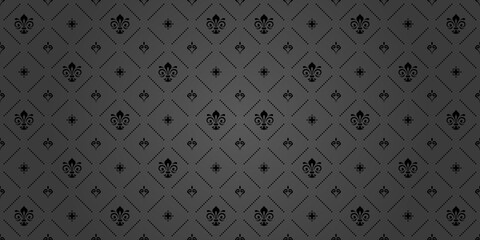 Seamless vector pattern. Modern geometric ornament with royal lilies. Classic vintage dark background