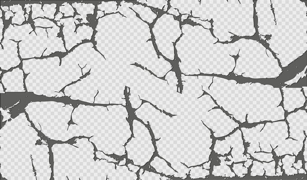 Wall cracks abstract pattern on transparent background. Vintage vector