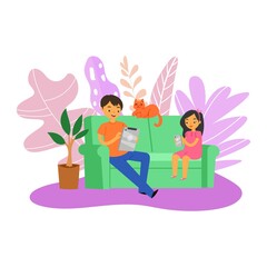 Family game gadgets, fun people, happy nearby, young father playing child together, design cartoon style vector illustration. Mobile leisure, modern technology concept, adult cute dad relaxing at home