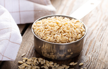 Organic barley noodle made from whole wheat semolina in a metal measuring bowl.