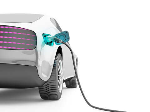 The power cable with electrical socket is connected to the electric car The process of charging an EV. 3d render.