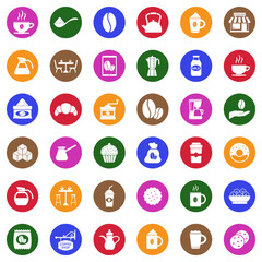 Coffee Icons. White Flat Design In Circle. Vector Illustration.