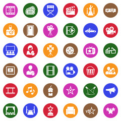Cinema Icons. White Flat Design In Circle. Vector Illustration.