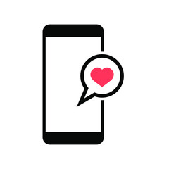 Vector illustration smartphone message with heart speech bubble message on screen icon. Social network and mobile device concept. Graphic for websites, web banner.
