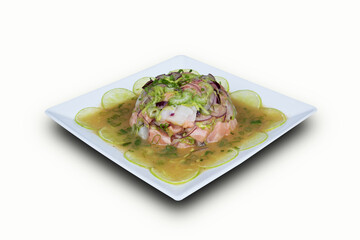 salmon ceviche served on a white plate