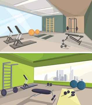 Collection of different gyms. Sports rooms with fitness equipment.