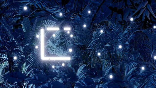 Rectangle neon glowing frame appears in the tropical forest, illuminated palm trees with light. Wind sways the branches of plants 3D render with space for custom text placement