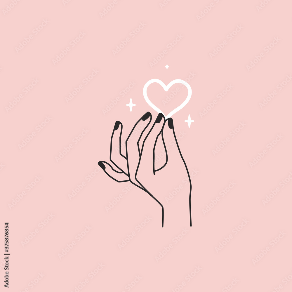 Poster Vector abstract logo design template in simple linear style - hands gesture, love and friendship concepts - tattoo and sticker design element. Valentine's day greeting card in minimal style