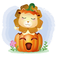 a cute lion in the halloween pumpkin