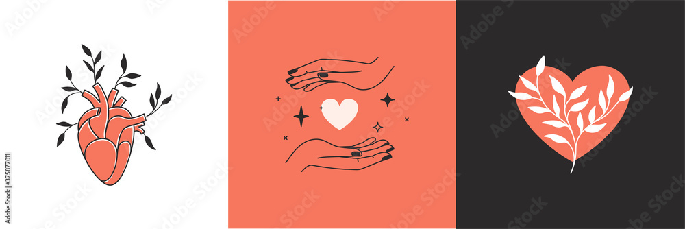 Poster Vector abstract logo design template in simple linear style - hands gesture, love and friendship concepts - tattoo and sticker design element. Valentine's day greeting card in minimal style
