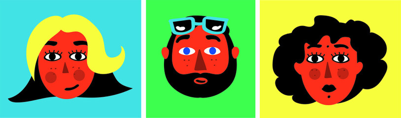 Set of cartoon human characters. Black haired and red skined people: two young women and man with beard on colorful background. Happy faces guy and girl with various hairstyle. Vector illustration.