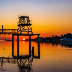 old Iron Bridge on Sunset Background