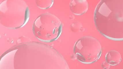 Water soap bubbles on pink background. Depth of field. 3d rendering