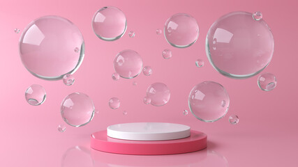 Pink and white round stage, pedestal or podium and water and glass bubbles or spheres in pink studio. Pink pastel background advertisement. Background or mock up for cosmetics or fashion. 3d rendering