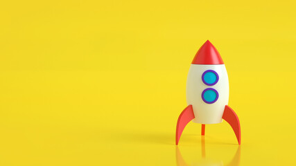 Rocket or spaceship on a yellow background. Rocket projectile of red, white color with blue purple portholes. Start up and Minimal business concept. 3d rendering © MIKHAIL