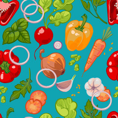 Seamless hand drawn pattern with healthy vegetables, peppers, carrots, onions, garlic, radish, parsley, arugula, vegetable slices on a blue background. Vegetarian healthy food vector. Farmers market