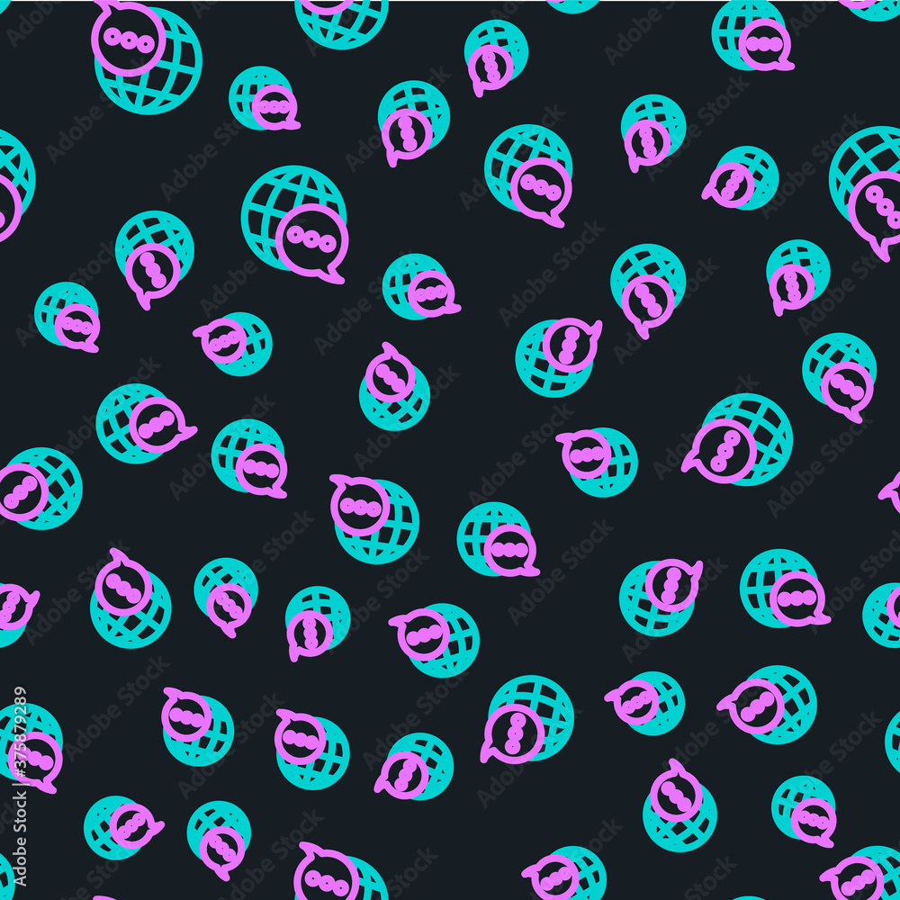 Poster line world map made from speech bubble icon isolated seamless pattern on black background. global co
