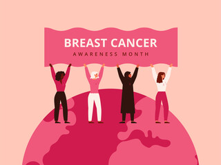 Women with pink ribbons stand on the Earth and hold together poster Breast cancer awareness month. Concept of support and solidarity with women fighting oncological disease. Vector illustration.