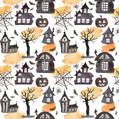 Watercolor Halloween pattern with black silhouettes of houses, tree,bats,pumpkin.Creepy village. Black and orange colors.Wallpaper, wrapping paper design