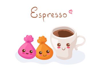 Kawaii Espresso Coffee in Cup with Candy vector characters isolated on white background. Smiling cup of caffeine beverage. Cute food mascot illustration with lettering. Funny card, menu decoration.