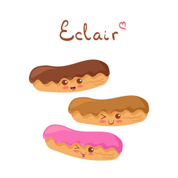 Kawaii Eclairs vector characters isolated on white background. Smiling Chocolate, Caramel & strawberry Eclair. Cute food mascot illustration with lettering. Funny card, fabric print, menu decoration.