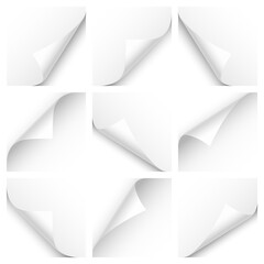Curled page corner with shadow on transparent background collection. Blank sheet of paper. Vector illustration.