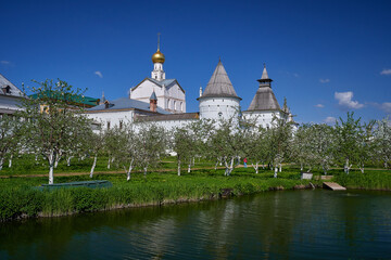Pond in the garden of orthodox monastery in Rostov, Russia