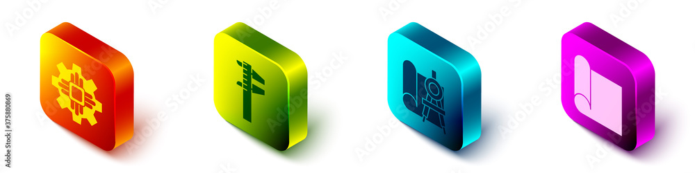 Poster set isometric processor, calliper or caliper and scale, graphing paper and compass and graphing pape