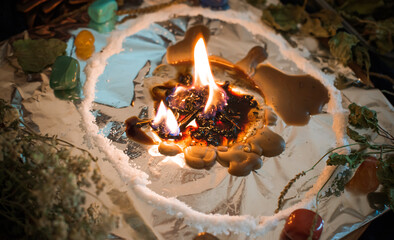 Candle for cleansing a person, magic rituals and wax casting, energy cleansing. Altar of modern...