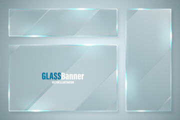 Fototapeta premium Glass frame. Realistic glossy transparent glass banner with glare. Vector design element.